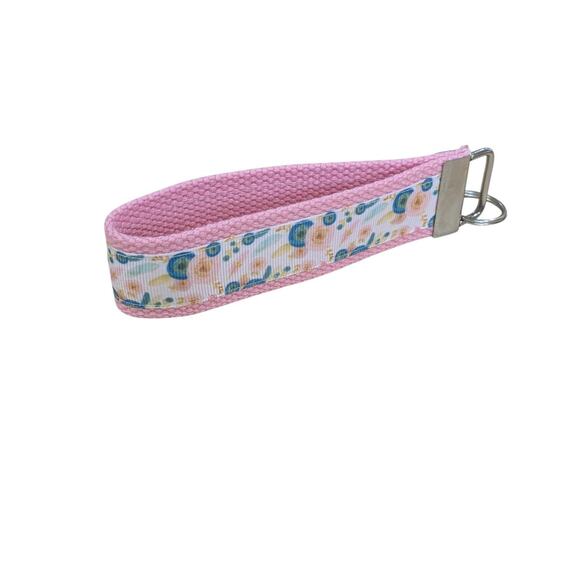 Floral Keychain Pink Teal Wristlet Handmade Fabric Key FOB Flower Bohemian Boho - Picture 3 of 6